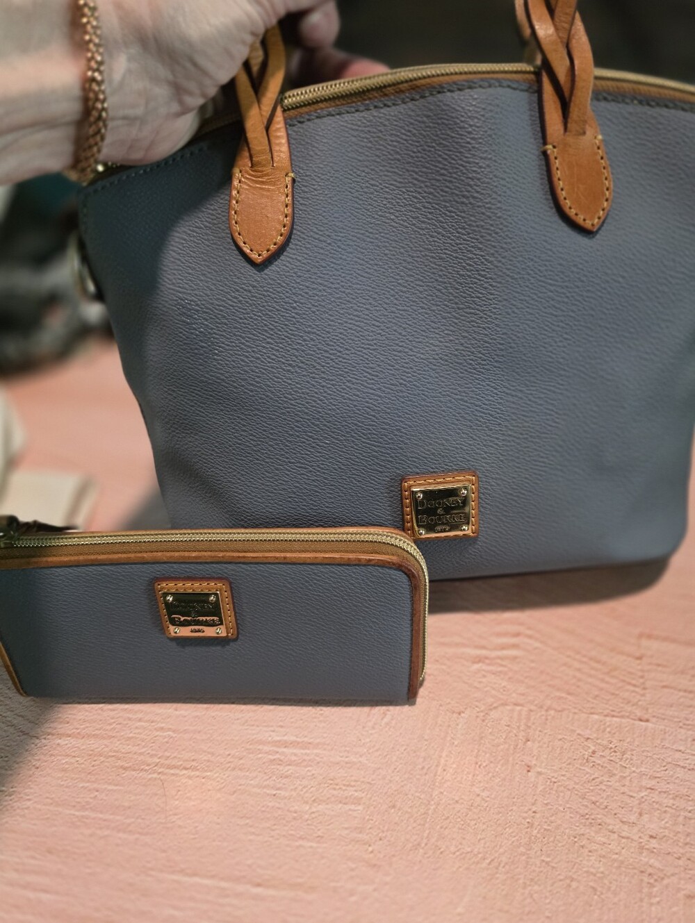 Dooney & Bourke Blue Leather Tote with Tan Trim and Wallet Set